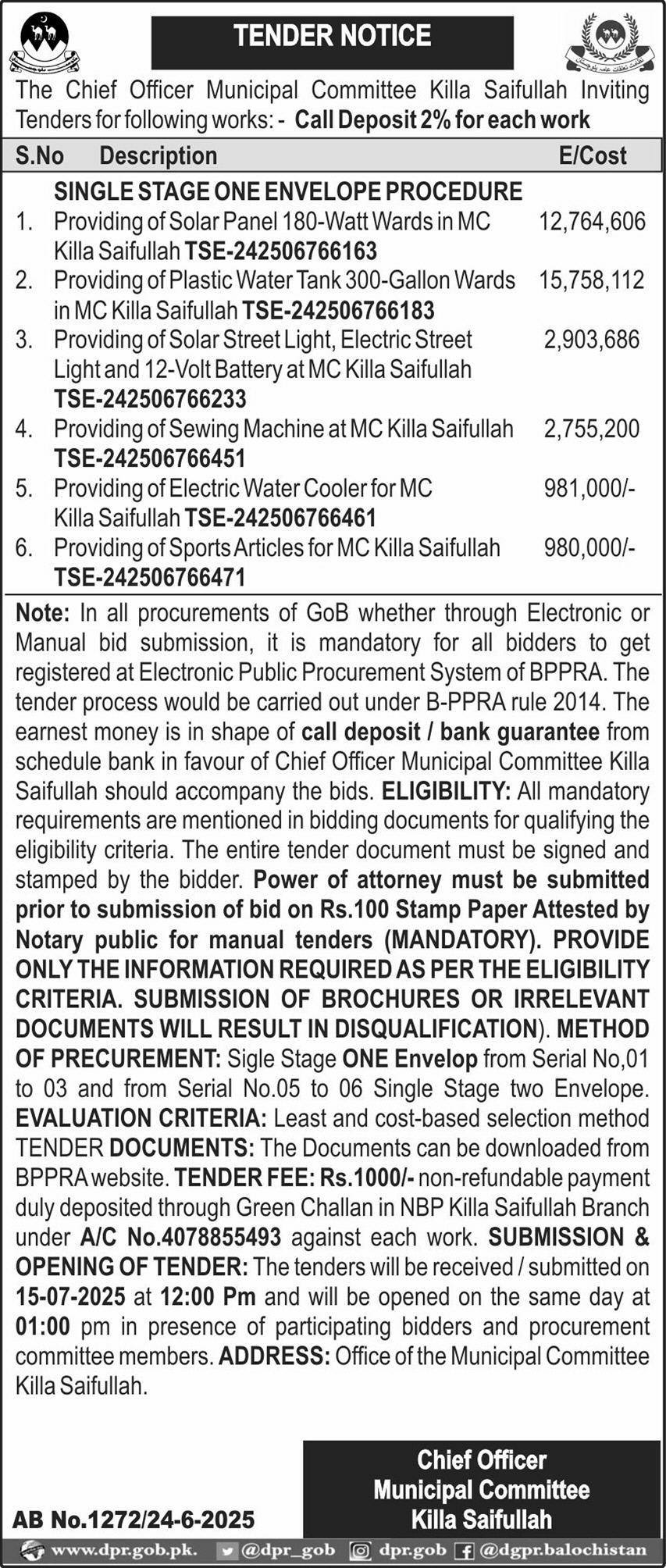 Municipal Committee Killa Tender Notice